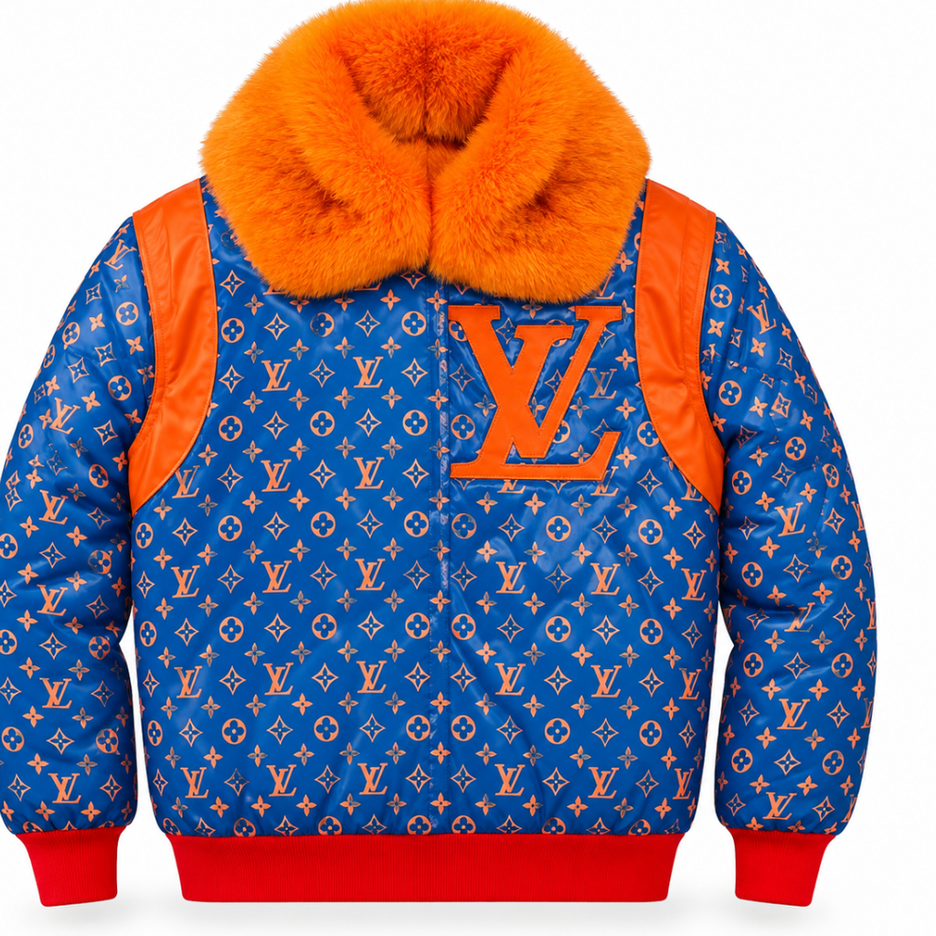 Men’s Blue Monogram Puffer Jacket with Fur Collar