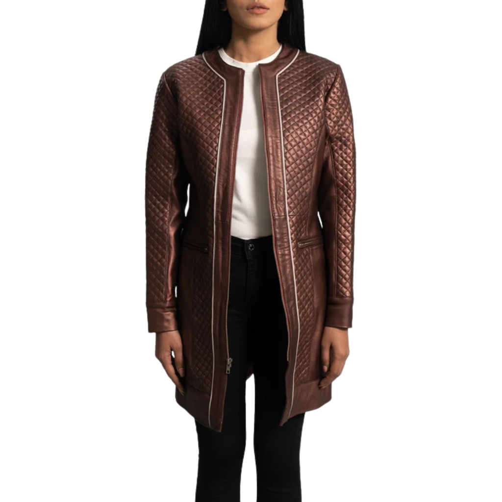Trudy Lane Quilted Maroon Leather Coat for Women