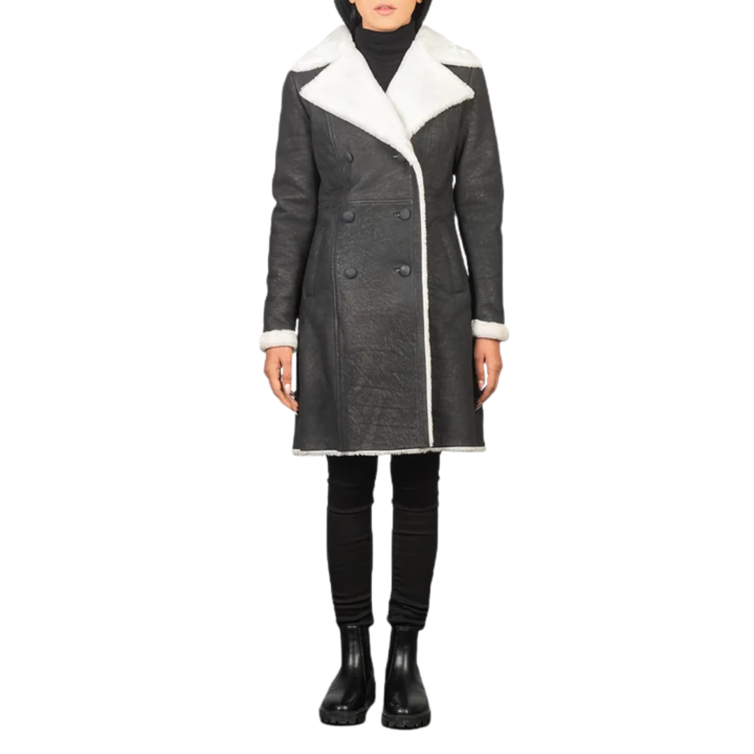 Amie Black Double-Breasted Shearling Coat for Women