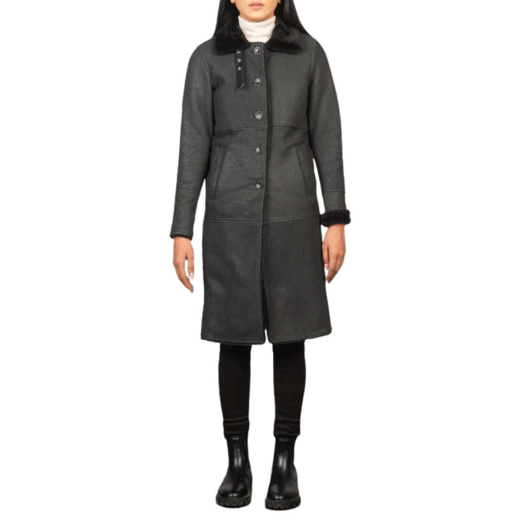 Alina Shearling Black Leather Coat