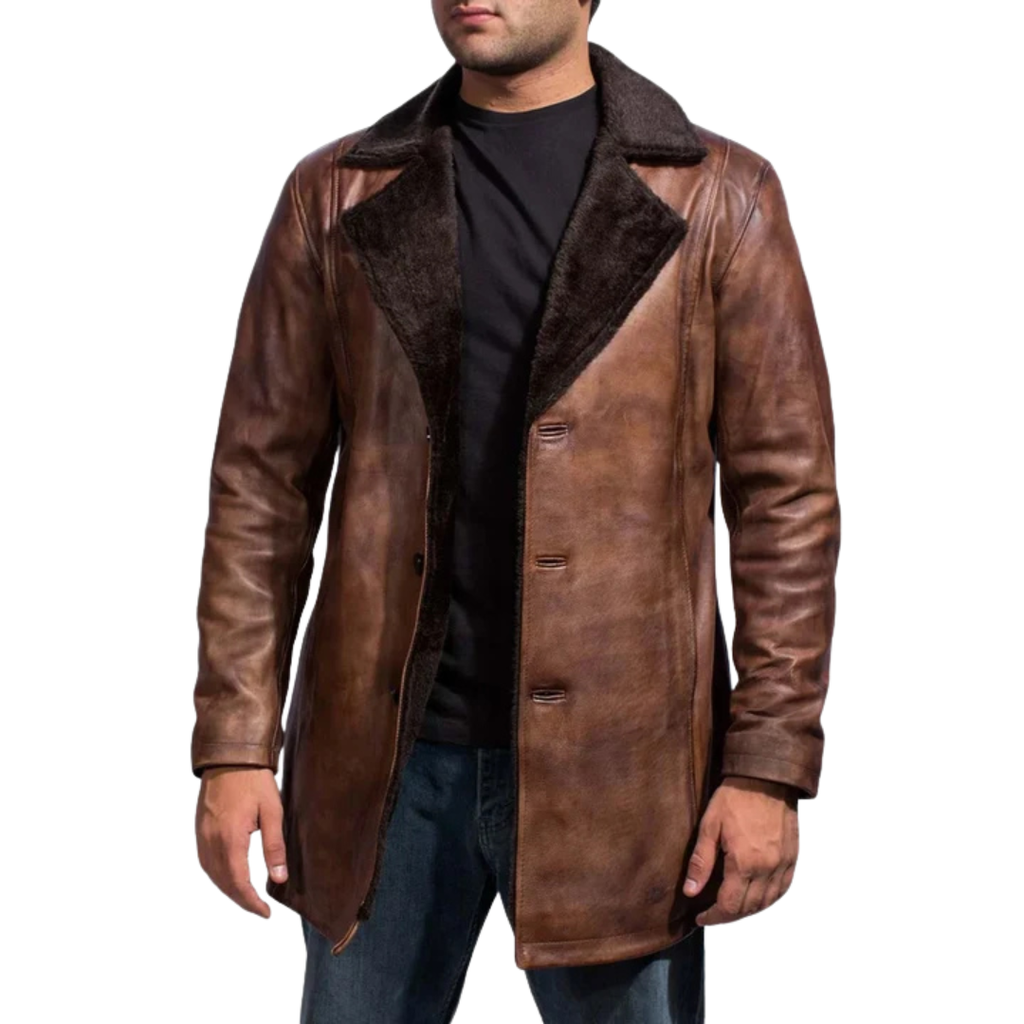 Cinnamon Distressed Leather Fur Coat for Men